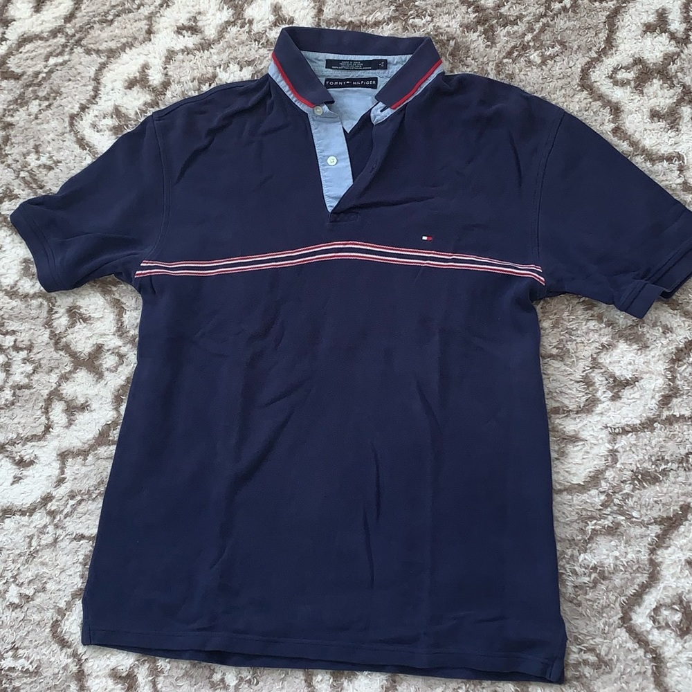 Tommy Hilfiger polo shirt, navy with red & white stripe across chest. Size L.